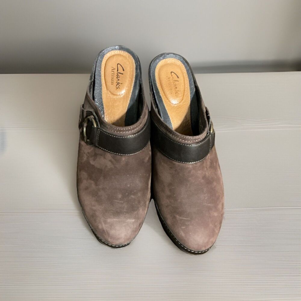 Clark’s Artisan Brown Leather Heeled Mule Clogs Women’s Size 8M